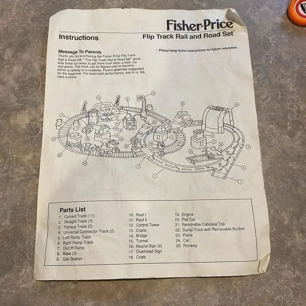 Vtg 1992 Fisher Price Flip Track Rail & Road Set Train Cars Plane Lot w/Manual